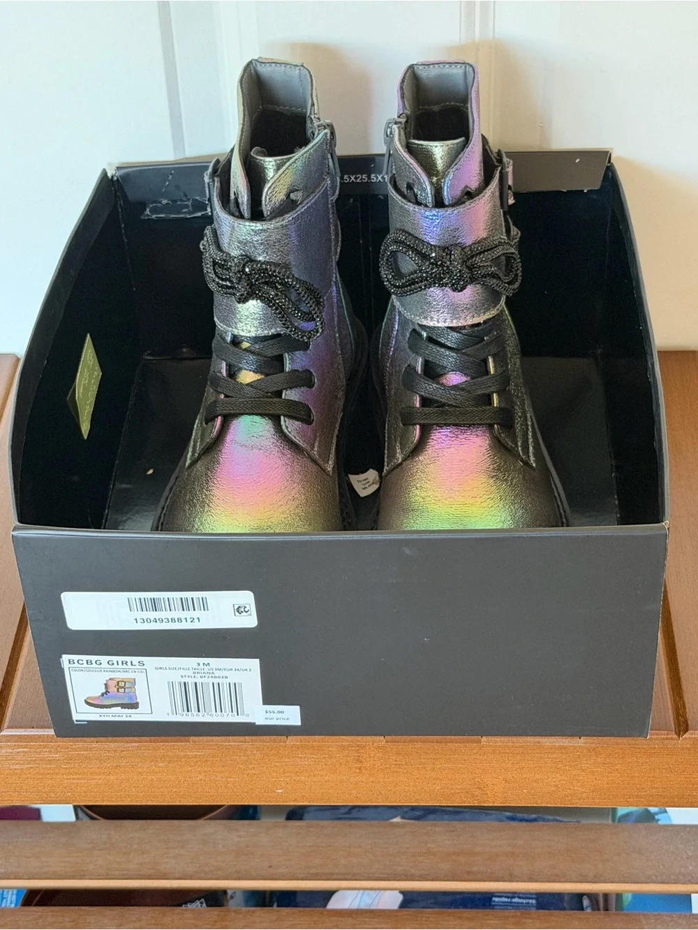 BCBG Girls Rainbow Iridescent Holographic Combat Boots - Black Laces Size 3M